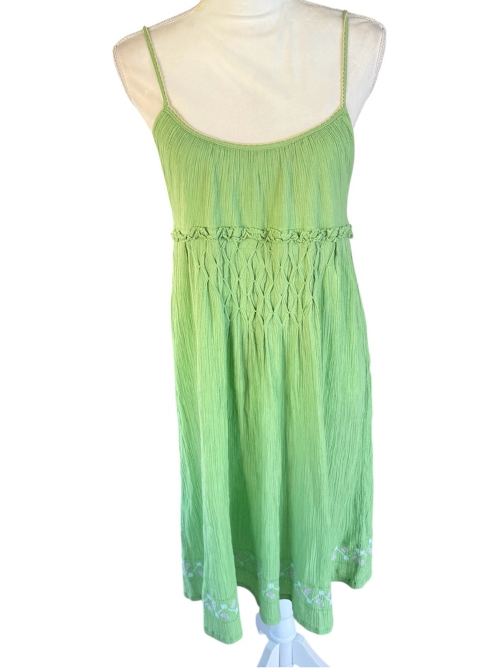 Green women's summer 100 % Cotton gauze babydoll Y2K dress embroidered
